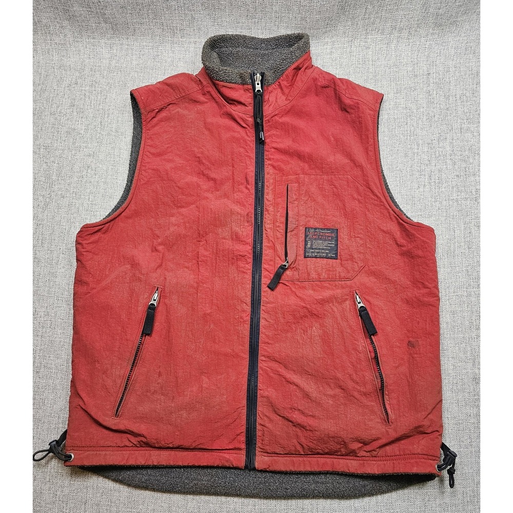 VTG Abercrombie & Fitch Vest Mens Large Red Nylon Fleece Lined Pockets Outdoor